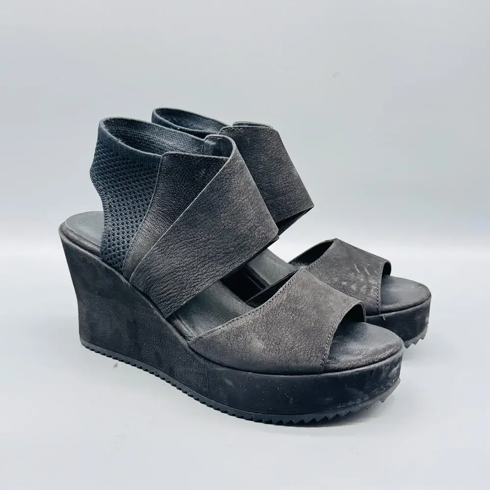 Eileen Fisher Sandals Women 8.5 Black Nubuck Strappy Wedge Platform Knit Ankle